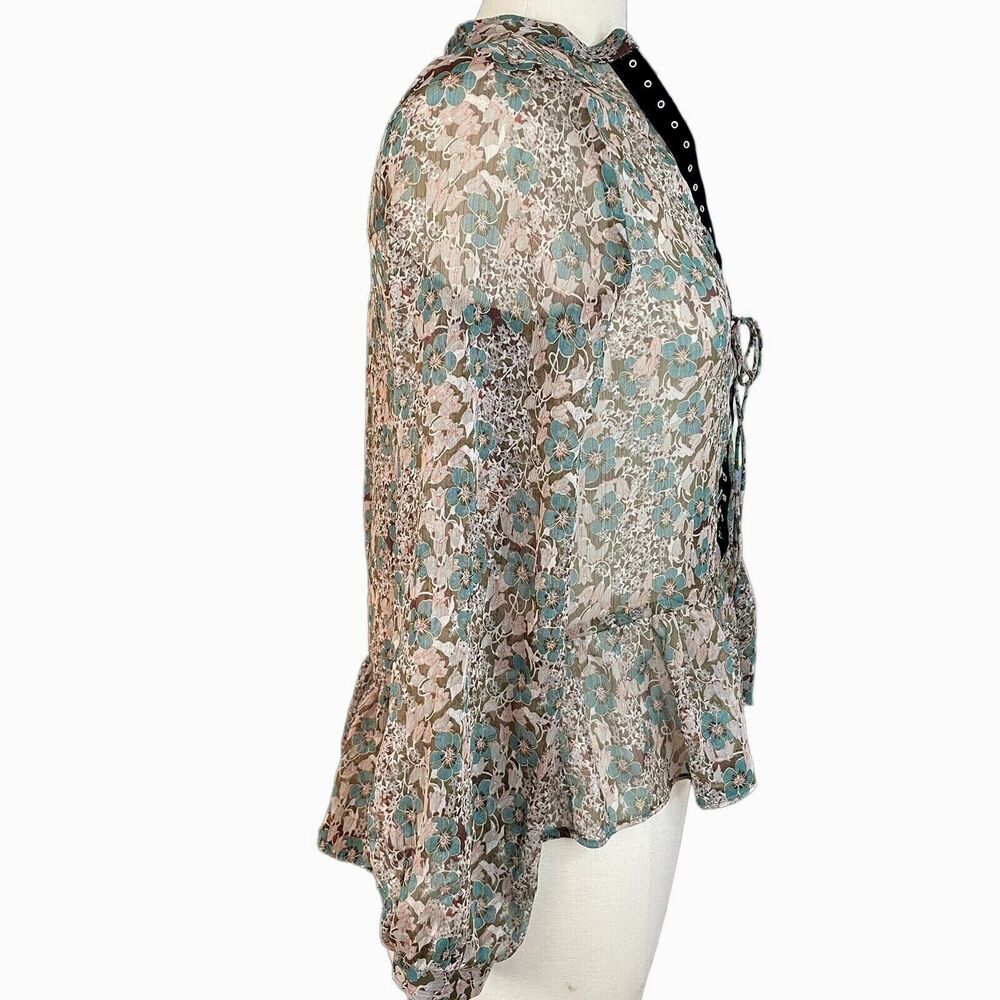 ZARA Denim Sz M Beige Teal Floral Semi-Sheer Peasant Blouse Top Lace Up Ruffle - Picture 5 of 9